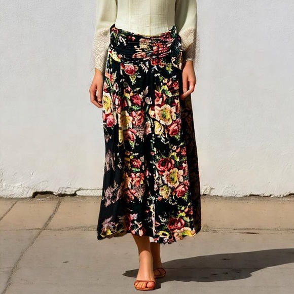 Tristan Dresses & Skirts - FLORAL BLACK MULTICOLOR BOHO SHEER COTTON LINED MAXI SKIRT LOW RISE W SASH SZ M